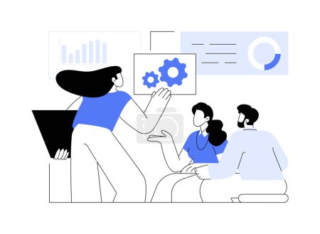 Ilustración de Business operations management isolated cartoon vector illustrations. Group of masters discuss project, studying together, share thoughts, business negotiations, making analytics vector cartoon. - Imagen libre de derechos