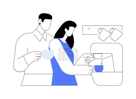 Illustration for Hot espresso isolated cartoon vector illustrations. Young happy couple making espresso with coffee machine, morning rituals, home kitchen appliances, romantic relationship vector cartoon. - Royalty Free Image