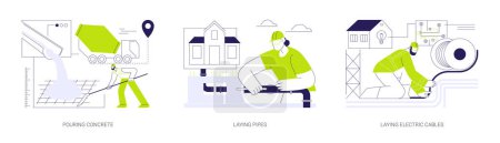Illustration for Residential building utilities installation abstract concept vector illustration set. Pouring concrete, laying pipes and electric cables, water supply and sewerage, contractors job abstract metaphor. - Royalty Free Image