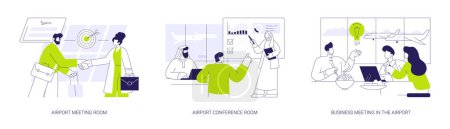 Téléchargez les illustrations : Business meeting in the airport abstract concept vector illustration set. Airport meeting room, conference hall, business class travel, partners meeting and negotiations abstract metaphor. - en licence libre de droit