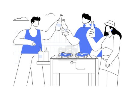 Illustration for Summer in the city isolated cartoon vector illustrations. Smiling friends laughing and making grilled meat together, barbecue time in summer, having fun during outdoor BBQ vector cartoon. - Royalty Free Image