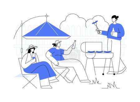 Illustration for Chilling with friends isolated cartoon vector illustrations. Happy friends having fun together, BBQ party outdoor, grilling meat and drinking beer, leisure chilling time vector cartoon. - Royalty Free Image