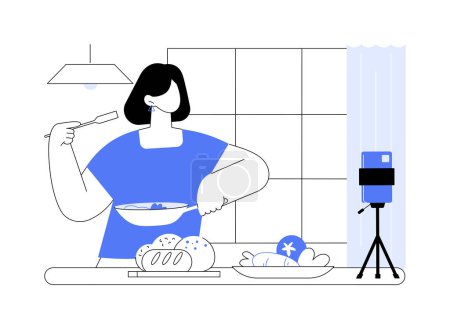 Illustration for Filming cooking classes isolated cartoon vector illustrations. Young woman showing food preparation process, recording videos, cooking at home, kitchen appliances, culinary blog vector cartoon. - Royalty Free Image