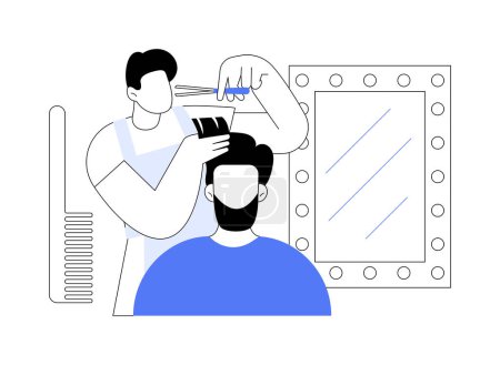 Ilustración de Corte de pelo ilustraciones vectoriales de dibujos animados aislados. Hombre barbudo alegre conseguir un corte de pelo en la barbería, estilo de vida de la gente, mejora de la apariencia, procedimientos de belleza para los chicos vector de dibujos animados. - Imagen libre de derechos