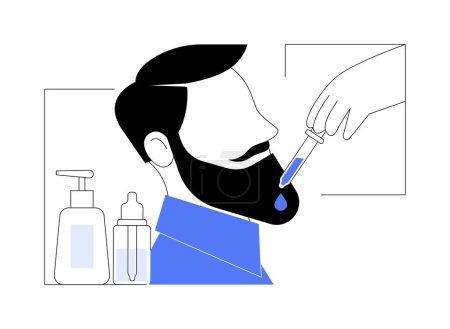 Illustration for Beard treatment isolated cartoon vector illustrations. Professional barber applies oil for beard to client, appearance and hygiene care, treatment process, beauty procedures vector cartoon. - Royalty Free Image