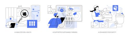 Illustration for AI Technology in Agriculture abstract concept vector illustration set. AI-Analyzed Soil Health, crop management, AI-Supported Sustainable Farming, AI-Enhanced Food Safety abstract metaphor. - Royalty Free Image