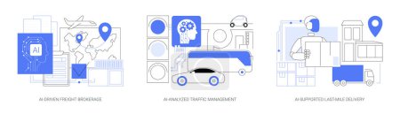 Ilustración de AI Technology in Logistics abstract concept vector illustration set (en inglés). Correduría de carga impulsada por IA, gestión de tráfico analizada por IA, entrega de última milla apoyada por IA, metáfora abstracta de planificación de rutas. - Imagen libre de derechos