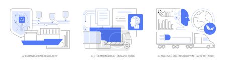 Ilustración de AI Technology in Logistics abstract concept vector illustration set (en inglés). Seguridad de carga mejorada con IA, Aduanas y comercio racionalizados con IA, Sostenibilidad analizada con IA en el transporte metáfora abstracta. - Imagen libre de derechos