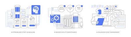 Illustration for AI Technology in Hospitality abstract concept vector illustration set. AI-Streamlined Staff Scheduling, AI-Backed Facility Maintenance, AI tools for Event planning and Management abstract metaphor. - Royalty Free Image