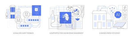 Téléchargez les illustrations : AI en gestion hôtelière concept abstrait vectoriel illustration ensemble. Commentaires et critiques des clients analysés par l'IA, Gestion des aliments et des boissons soutenue par l'IA, métaphore abstraite de l'efficacité énergétique soutenue par l'IA. - en licence libre de droit