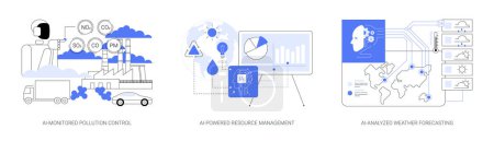 Illustration for AI in Environmental Management abstract concept vector illustration set. AI-Monitored industrial Pollution Control, AI-Powered Resource Management, AI-Analyzed Weather Forecasting, abstract metaphor. - Royalty Free Image
