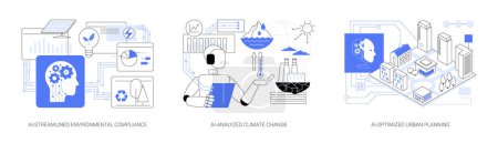Illustration for AI tools for Environmental Management abstract concept vector illustration set. AI-Streamlined Environmental Compliance, AI-Analyzed Climate Change, AI-Optimized Urban Planning abstract metaphor. - Royalty Free Image