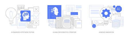 Illustration for AI in Scientific Research and Development abstract concept vector illustration set. AI-Enhanced Hypothesis Testing, AI-Analyzed Scientific Literature, AI-Backed Innovation abstract metaphor. - Royalty Free Image
