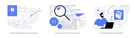 Téléchargez les illustrations : AI Technology in PR abstract concept vector illustration set. Canaux de communication optimisés pour l'IA, public cible, analyse des concurrents analysée pour l'IA, métaphore abstraite de la gestion des événements améliorée pour l'IA. - en licence libre de droit