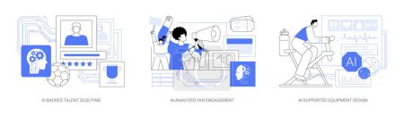 Illustration for AI in Sports Industry abstract concept vector illustration set. AI-Backed Talent Scouting, player statistics and skills, AI-Analyzed Fan Engagement, Equipment Design and safety abstract metaphor. - Royalty Free Image