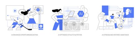 Illustration for AI in Sports Management abstract concept vector illustration set. AI-Enhanced Sports Broadcasting, AI-Optimized Athlete Nutrition, AI-Streamlined Referee Assistance, Video analysis abstract metaphor. - Royalty Free Image