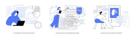 AI en el negocio de seguros concepto abstracto vector ilustración conjunto. Detección de fraude impulsada por IA, comportamiento del cliente analizado por IA, soporte al cliente respaldado por IA con metáfora abstracta de chatbots.