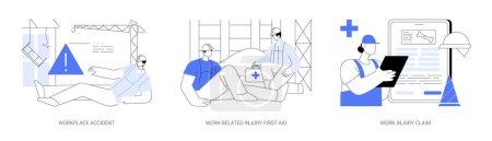 Illustration for Work-related injuries and illnesses abstract concept vector illustration set. Workplace accident, work-related injury first aid, claim document, occupational medicine for employees abstract metaphor. - Royalty Free Image