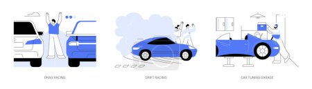 Illustration for Street racing abstract concept vector illustration set. Drag racing competition, drifting show, car tuning garage, high speed vehicles, professional motorsport industry abstract metaphor. - Royalty Free Image