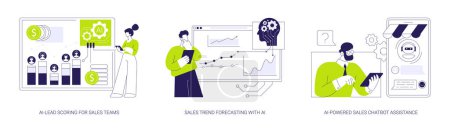 Illustration for Artificial Intelligence in Sales abstract concept vector illustration set. AI-Lead Scoring for Sales Teams, Sales Trend Forecasting with AI, AI-Powered Sales Chatbot Assistance abstract metaphor. - Royalty Free Image