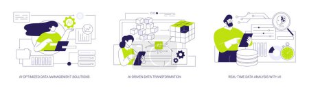 Illustration for AI technology in data analysis abstract concept vector illustration set. AI-Optimized Data Management Solutions, AI-Driven Data Transformation, Real-Time Data Analysis with AI abstract metaphor. - Royalty Free Image