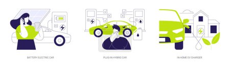Téléchargez les illustrations : Electric car abstract concept vector illustration set. Battery electric car, plug-in hybrid vehicle, in-home EV charger, gas station, eco-friendly sustainable urban transportation abstract metaphor. - en licence libre de droit