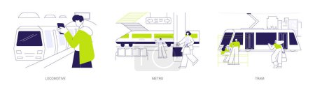 Illustration for Railborne Evs abstract concept vector illustration set. Locomotive train, metro passengers, people waiting for electric tram, ecology-friendly sustainable urban public transport abstract metaphor. - Royalty Free Image