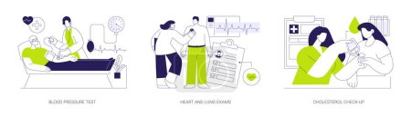 Téléchargez les illustrations : Medical check-up abstract concept vector illustration set. Blood pressure test, heart and lung exams, cholesterol check-up, family doctor visit, primary care physician in hospital abstract metaphor. - en licence libre de droit