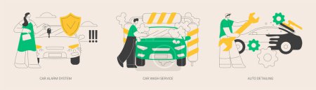Automobile care service abstract concept vector illustration set. Car alarm system, car wash service, auto detailing, anti-theft, automatic wash, full service, vehicle detailing abstract metaphor.
