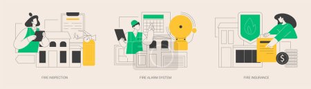 Fire prevention abstract concept vector illustration set. Fire inspection, alarm system and property insurance, smoke sensor, emergency plan, damage coverage, accident policy abstract metaphor.