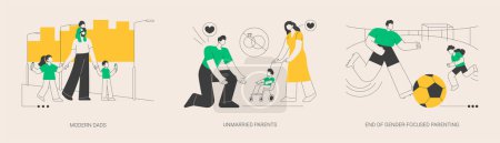 Parenting roles abstract concept vector illustration set. Modern dads, unmarried parents, end of gender-focused parenting, gender equality, active family, partners living together abstract metaphor.