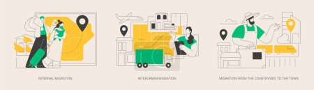 Illustration for Movement of people abstract concept vector illustration set. Internal migration, metropolitan area, moving to cities, suburban district, migration from countryside, neighborhood abstract metaphor. - Royalty Free Image