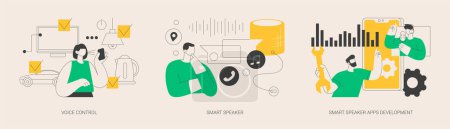Illustration for Speech recognition technology abstract concept vector illustration set. Voice control, smart speaker, voice assistant apps development, virtual home automation, internet of things abstract metaphor. - Royalty Free Image