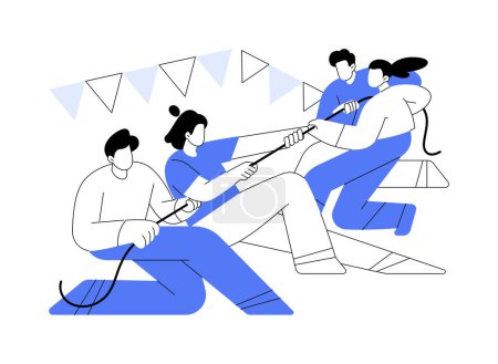 Téléchargez les illustrations : Team building event isolated cartoon vector illustrations. Group of diverse colleagues competing in tug of war, team building activity, business partners having fun outdoors vector cartoon. - en licence libre de droit