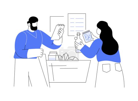 Illustration for Shopping list isolated cartoon vector illustrations. Young couple buying food in the supermarket and reading shopping list, essentials ingredients for purchase in a grocery vector cartoon. - Royalty Free Image