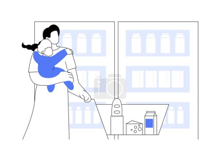 Ilustración de Shopping with a baby isolated cartoon vector illustrations. Young mom buying food in a supermarket with her kid, baby sitting in a trolley, grocery shopping, modern motherhood vector cartoon. - Imagen libre de derechos