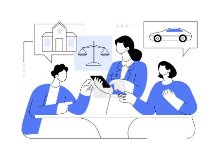 Ilustración de Division of assets isolated cartoon vector illustrations. Divorce lawyer looking at arguing couple, division of assets disagreement, business people, legal service, family law vector cartoon. - Imagen libre de derechos
