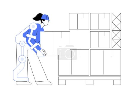 Téléchargez les illustrations : Exosquelettes isolés illustrations vectorielles de dessins animés. Femme avec exosquelette soulevant des marchandises lourdes, aidant les personnes handicapées avec la bionique et la prothèse vectorielle d'augmentation dessin animé. - en licence libre de droit