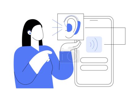 Illustration for Hearing aids with phone compatibility isolated cartoon vector illustrations. Woman using phone and hearing aids, helping people with disabilities with bionics, deafness problem vector cartoon. - Royalty Free Image