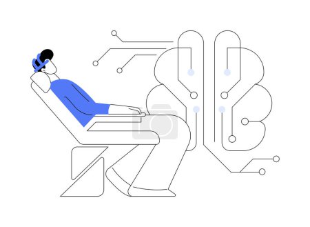 Ilustración de Interfaz cerebro-computadora ilustraciones vectoriales de dibujos animados aislados. Hombre que utiliza el sistema de interfaz cerebro-ordenador, la tecnología en la salud, ayudar a las personas con discapacidad con dibujos animados vectoriales biónica. - Imagen libre de derechos