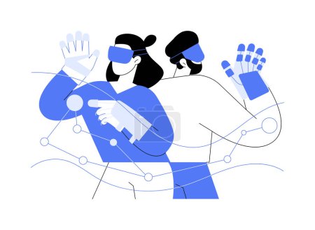 Illustration for Haptic gloves isolated cartoon vector illustrations. Young couple wearing VR haptic gloves and smart glasses, virtual and augmented reality, modern technology, entertainment time vector cartoon. - Royalty Free Image