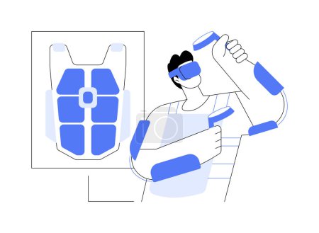 Illustration for Haptic suit isolated cartoon vector illustrations. Young man wearing tactile suit, virtual and augmented reality, VR entertainment time, modern IT technology, haptic device vector cartoon. - Royalty Free Image
