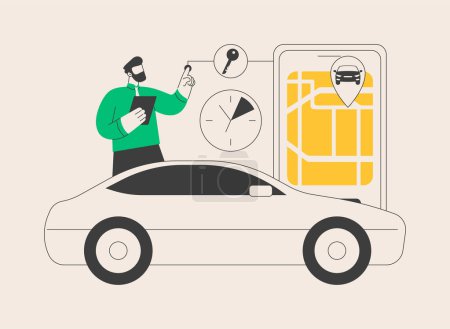 Illustration for Carsharing service abstract concept vector illustration. Rental service, short term rent, carsharing application, ride application, hiring a car peer to peer, hourly payment abstract metaphor. - Royalty Free Image