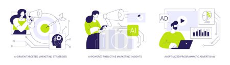 Ilustración de AI in Marketing abstract concept vector illustration set (en inglés). Estrategias de marketing orientadas a la IA, ideas de marketing predictivo impulsadas por la IA, metáfora abstracta de publicidad programática optimizada para la IA. - Imagen libre de derechos