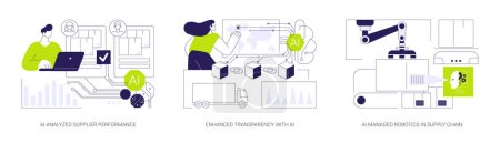 Illustration for AI-driven Supply Chain abstract concept vector illustration set. AI-Analyzed Supplier Performance, Enhanced Transparency with AI-Backed Blockchain, Robotics in Supply Chain abstract metaphor. - Royalty Free Image