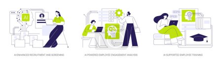 Téléchargez les illustrations : AI in Human Resources abstract concept vector illustration set. Recrutement et présélection améliorés par l'IA, analyse de l'engagement des employés alimentée par l'IA, métaphore du résumé de la formation des employés appuyée par l'IA. - en licence libre de droit