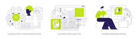 AI use in Human Resources abstract concept vector illustration set. AI-Driven Diversity and Inclusion Initiatives, AI-Optimized HR Data Analytics, AI-Powered Onboarding Process abstract metaphor.