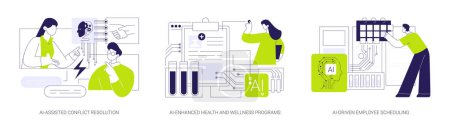 Téléchargez les illustrations : Intelligence Artificielle en Ressources Humaines concept abstrait vectoriel illustration ensemble. AI-Assisted Conflict Resolution, AI-Enhanced Health and Wellness Programs, Résumé de l'horaire des employés axé sur l'IA - en licence libre de droit