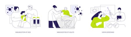 Illustration for Health protection abstract concept vector illustration set. Immunization of kids and adults, vision screening, family doctor vaccinates a child in walk-in clinic, eye exam abstract metaphor. - Royalty Free Image