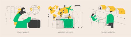 Illustration for Human migration abstract concept vector illustration set. Female migrant, migratory movement, frontier migration services, international marriage, passport and documents, crisis abstract metaphor. - Royalty Free Image